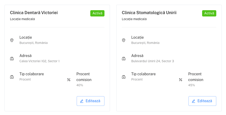 Două clinici adăugate în Doctor Estimator cu detalii locație și tip colaborare