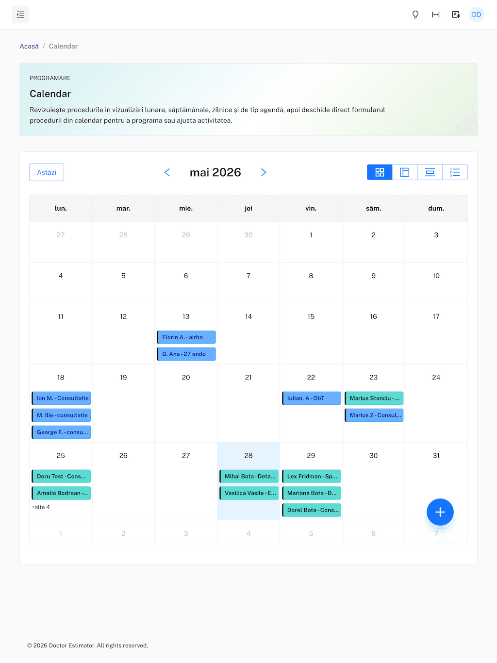 Doctor Estimator — calendar săptămânal pe tabletă